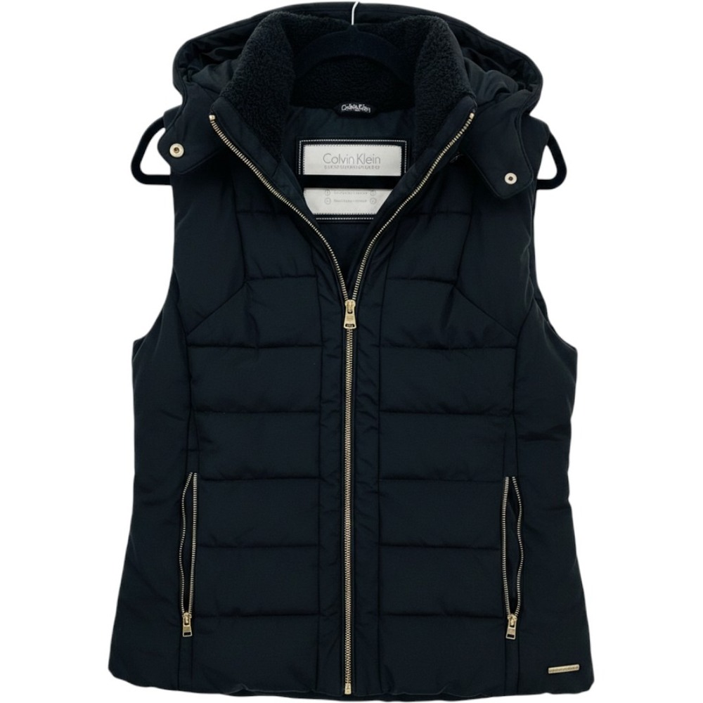 Calvin Klein Performance Black Hooded Quilted Vest Gold Zip Faux Fur Neck Large